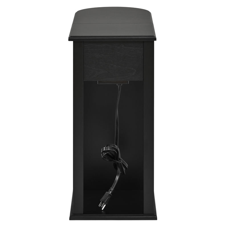 Modern End Table with Hidden Cup Holder Drawer, Charging Station & Pull-Out Side Table, Wooden Bedside Table with 2 Storage Drawers, Space Saving End Table for Bedroom & Living Room