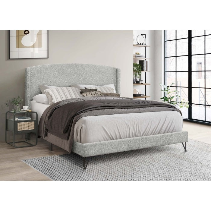 Boucle Fabric Upholstered Full Size Platform Bed Frame, Round Arc Wing Back Headboard, Light Gray