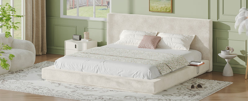 AirFrame King Bed Frame with Adjustable Sliding Side Table Visual Floating Effect, 8.7'' Cloud Upholstered Sponge Cushion, Easy Assembly (Off-White).