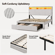 Queen-size upholstered bed with drawers, storage headboard with charging station and LED lights, no spring mattress needed, silent design, easy to assemble, beige