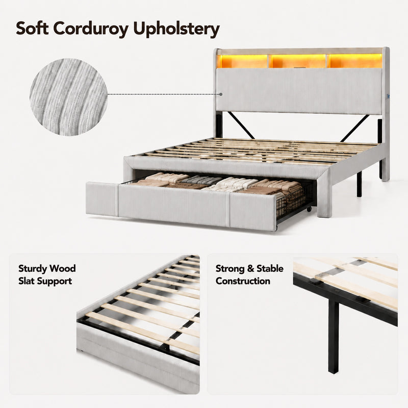 Queen-size upholstered bed with drawers, storage headboard with charging station and LED lights, no spring mattress needed, silent design, easy to assemble, beige