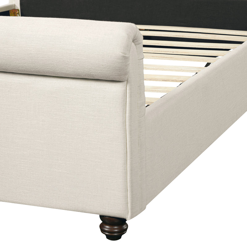 Queen Size Upholstered Bed Frame With Linen Fabric, Thick Headboard And Solid Wood Legs, Beige
