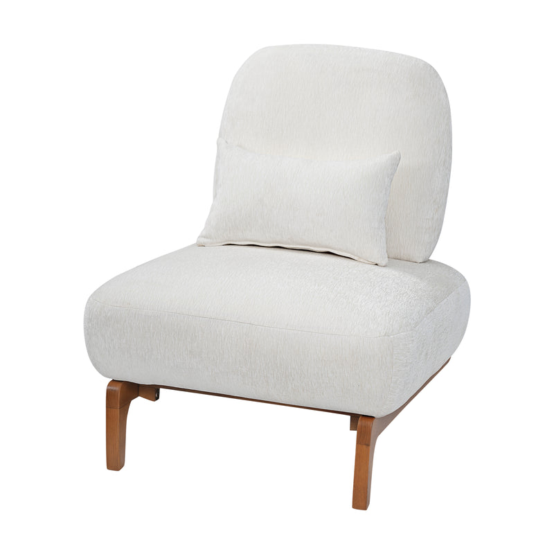 Modern Armless Accent Chair with Curved Wood Base, Linen Upholstered Slipper Chair with Lumbar Pillow, High-Back Lounge Chair for Living Room, Bedroom & Reading Nook, Cream White