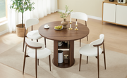47.24' Round Dining Table (Serves 2–4) with Two Dining Chairs Blends modern and farmhouse styles, featuring a double-tiered storage shelf, suitable for dining rooms or living spaces.Walnut