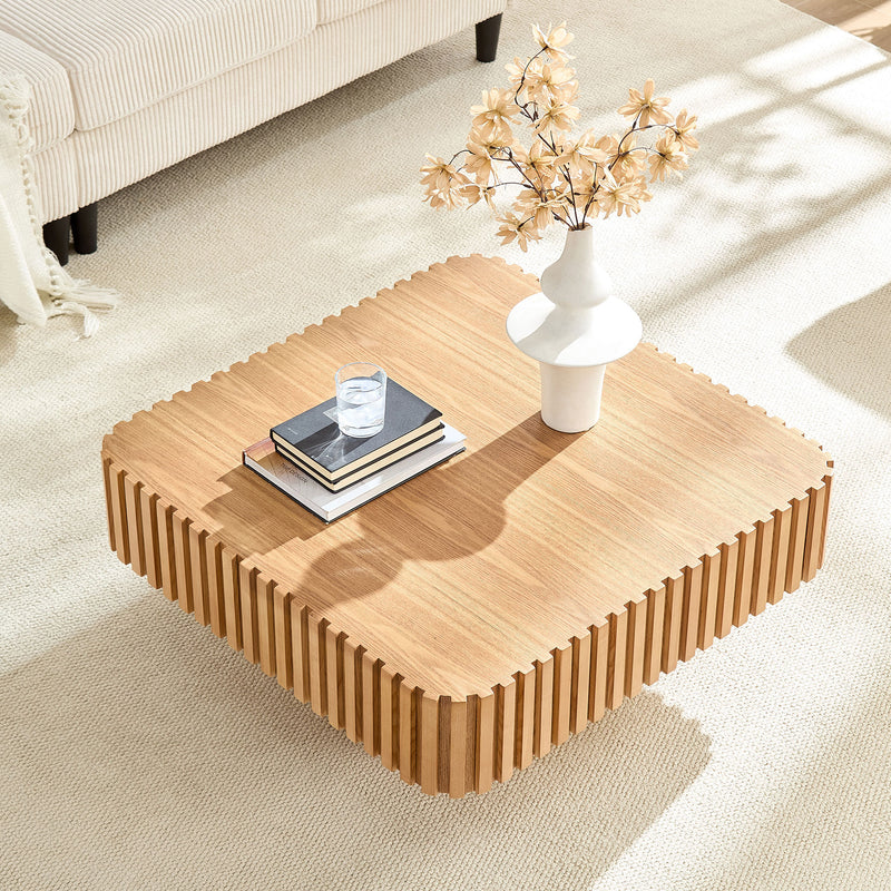 Modern 35.43 Inch Handcraft Drum Coffee Table Square Coffee Table for Living Room,Small Wooden Coffee Table with Sturdy MDF Pedesta,Narual Color