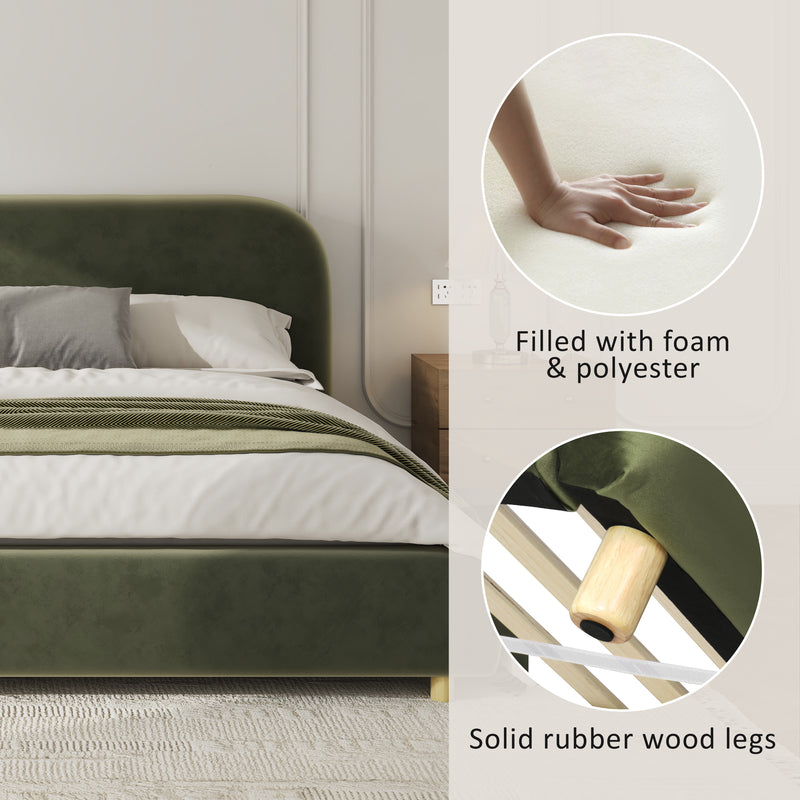 California King Size Upholstered Bed Frame With Velvet Fabric And Curve Design Thick Headboard, Solid Wood Legs, Olive Green (old sku N757P411871V)