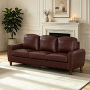 Classic Living Room Sofa  Faux Leather Couch,Rolled Arm Sofa with Nails,Solid Wood Legs,Upholstered Breathable PU Leather Burgundy.
