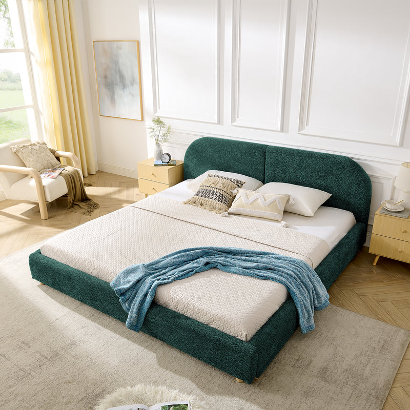 King Size Upholstered Bed Frame, Modern Minimalist Style with Tall Curved Headboard, Premium Circle Yarn Fabric & Sturdy Leg Support, Mattress Not Included-Green