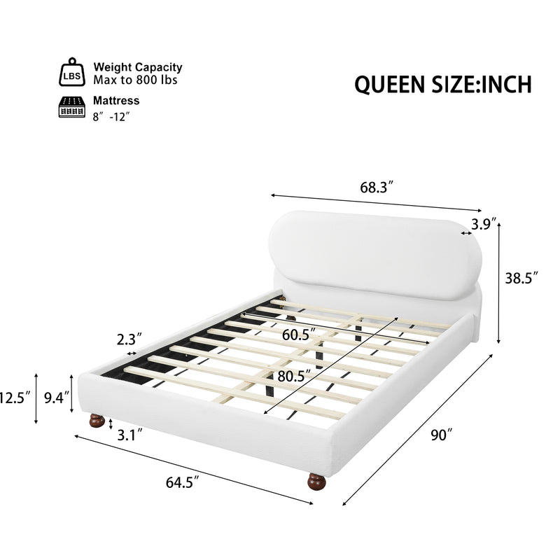 Cream-colored Boucle Upholstered Bed with Rubber Wood Foot ,Queen