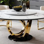 Round Dining Set with 360° Rotating Lazy Susan, Scratch & Heat‑Resistant Sintered Stone Tabletop, 4 Gold‑Plated Iron Thick Cushion Chairs for Dining Room, Kitchen, Compact Space