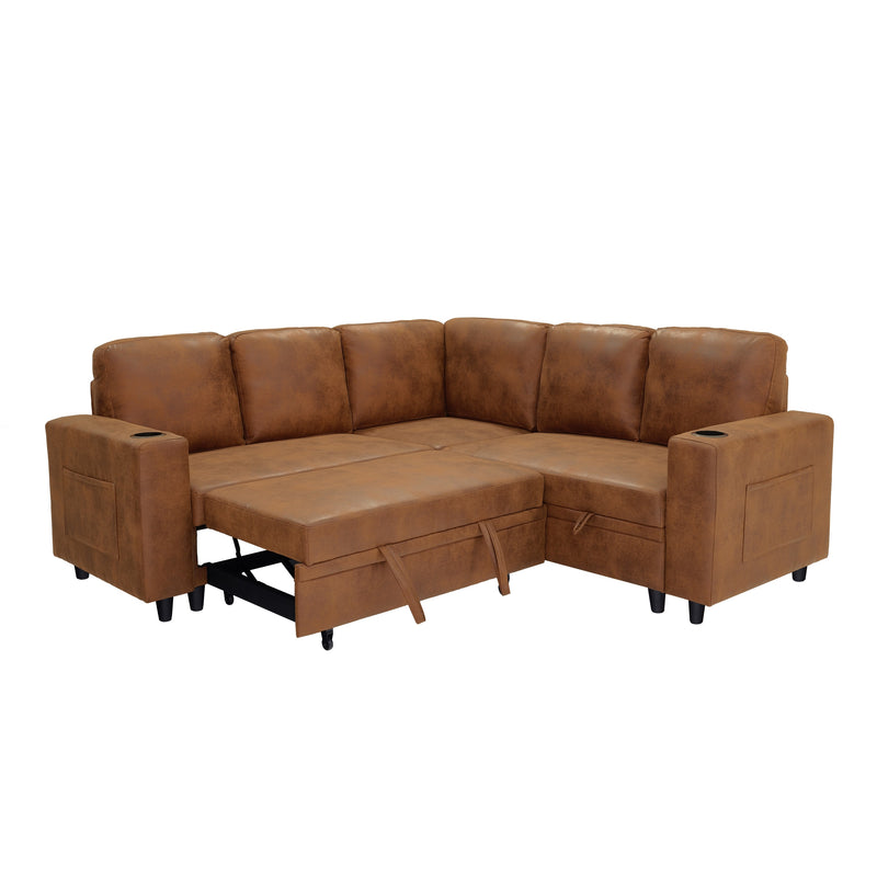 Foil Fabric upholstered L-Shape Sectional Sofa Bed with Pull Out Sleeper and Storage, Convertible Corner Couch with Cup Holders & Side Pockets for Living Room