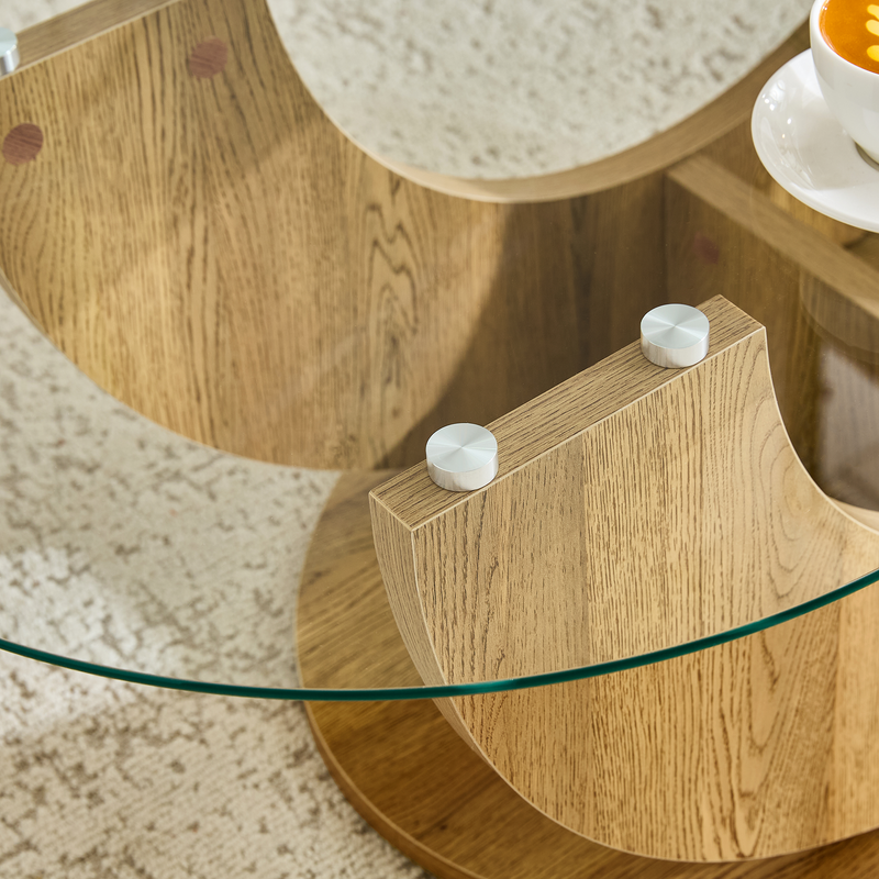 Creative U-Shaped Double-Tier Glass Coffee Table with Wood-Grain MDF Base: A Modern, Minimalist Living Room Side Table with Adjustable Height.