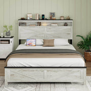 Fully floating bed frame with LED lights and charging station cushion platform bed frame, large bed, with headboard and hidden storage space, no need for box springs, Antique White+Gray