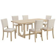 7-Piece Dining Table Set for 6, 68 Inch Rectangular Kitchen Table with 6 Upholstered Chairs, Natural Wood Dining Room Furniture Set with Sturdy U-Shaped Frame for Family, Apartment, Dining Room