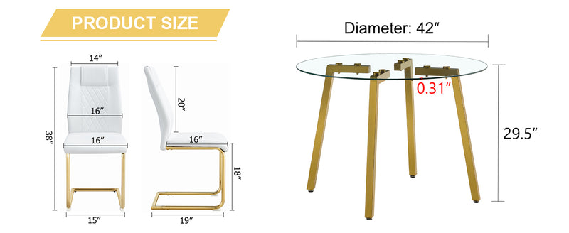 Table and chair set.A Modern Minimalist Style Round Clear Tempered Glass Table with Metal Legs.Paried with white chairs with Modern PU Leather High Back Upholstered and C-Tube Golden Legs.