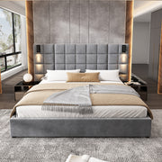 King Size Upholstered Bed Frame,With Wall Sconce And USB Port, Wide Headboard, Velvet, Gray