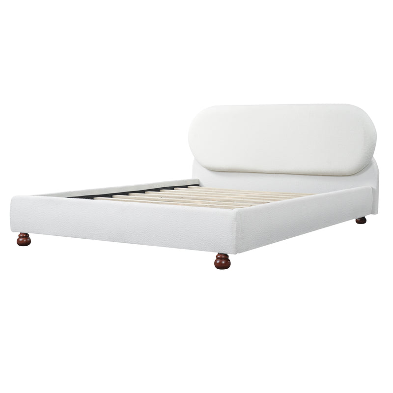 Cream-colored Boucle Upholstered Bed with Rubber Wood Foot ,Queen