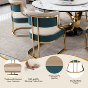 Round Dining Set with 360° Rotating Lazy Susan, Scratch & Heat‑Resistant Sintered Stone Tabletop, 6 Gold‑Plated Iron Thick Cushion Chairs for Dining Room, Kitchen, Compact Space