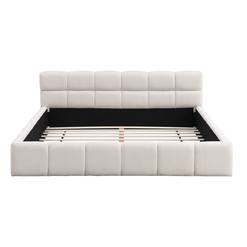 Elegant Beige Chenille Upholstered Bed with Checkerboard Design, Queen, Beige
