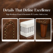 Classic Living Room Sofa Loveseat Faux Leather Couch,Rolled Arm Sofa with Nails,Solid Wood Legs,Upholstered Breathable PU Leather Brown.