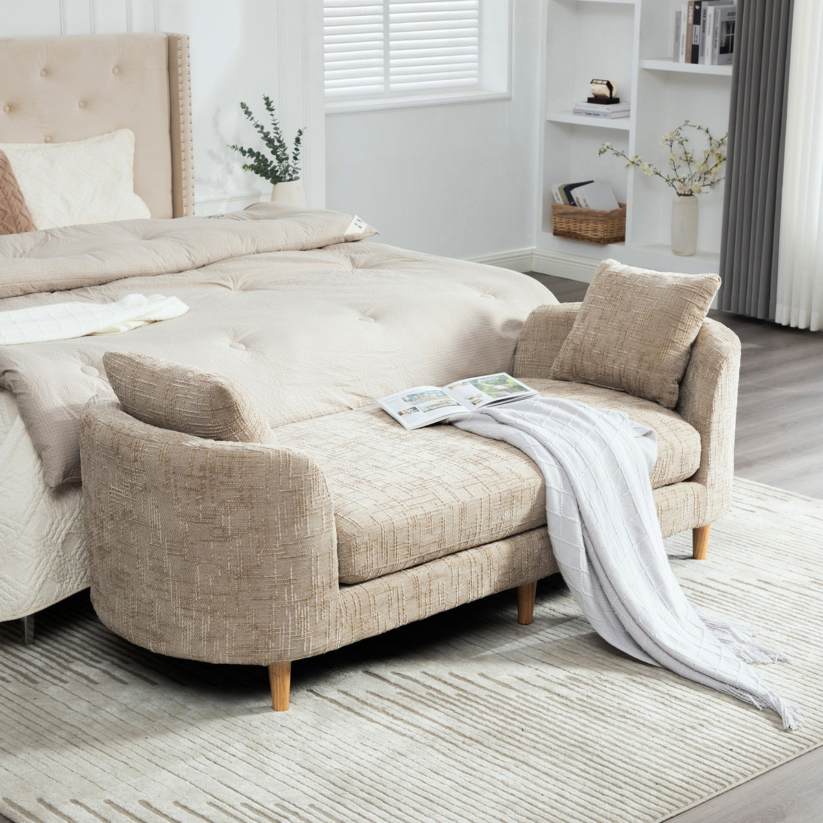 Wide Modern Upholstered End of Bed Bench with Armrests, Chenille Chaise Lounge Couch with 2 Bolster Pillows, Daybed with Rubberwood Legs For Living Room,Bedroom,Apartment,Guestroom,WHEAT