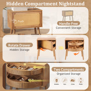 Rotating Hidden Compartment Nightstands, Mid Century Modern Concealment Furniture, Rattan Bed Side Table, Compartment End Table with Wood Legs, Bedside Tables for Bedroom, Living Room, Dorm, Natural
