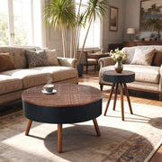 31.5-inch round coffee table with storage function, featuring an engraved tabletop, is an ideal beverage table for small spaces, serving as a modern-style accent side table suitable for living rooms,