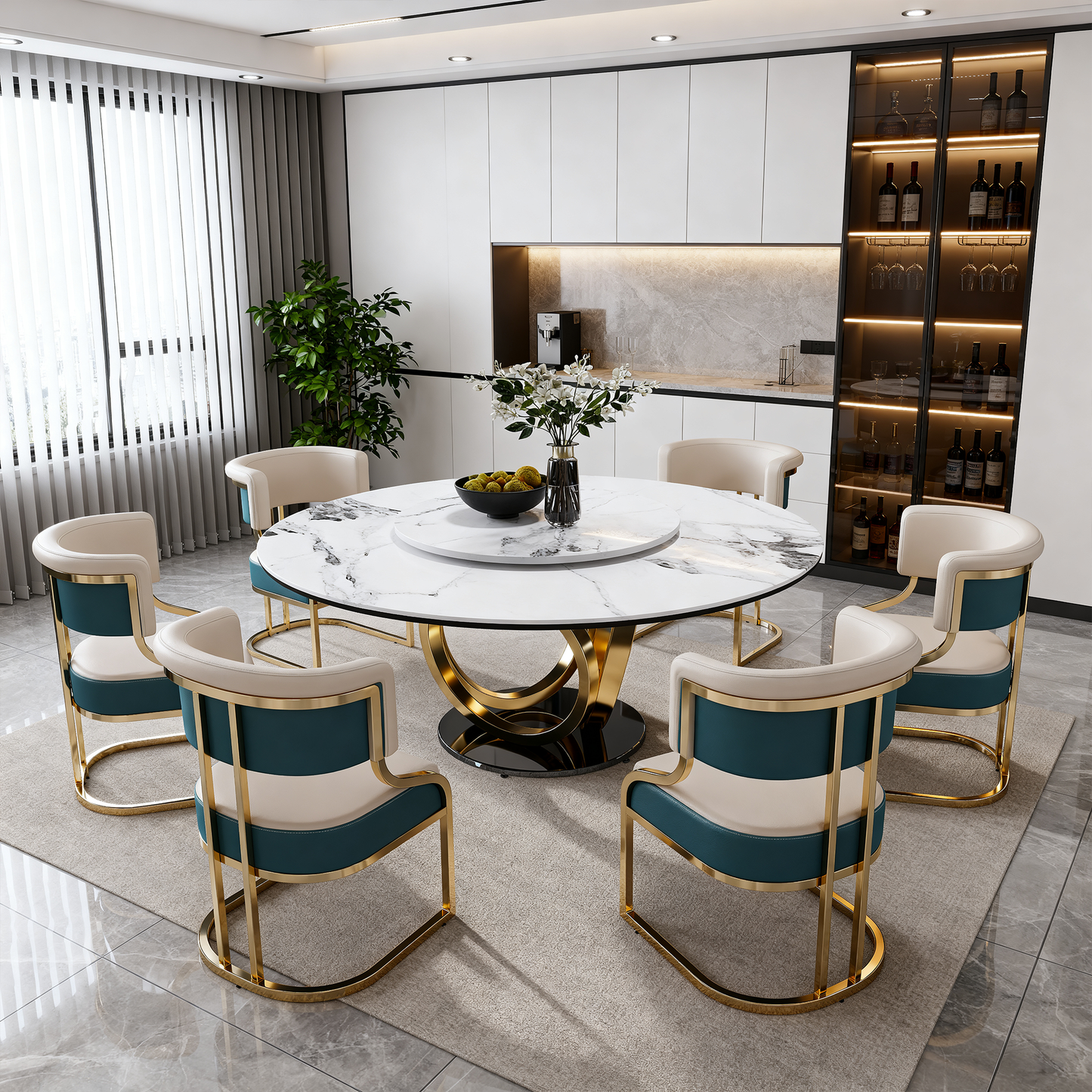 Round Dining Set with 360° Rotating Lazy Susan, Scratch & Heat‑Resistant Sintered Stone Tabletop, 6 Gold‑Plated Iron Thick Cushion Chairs for Dining Room, Kitchen, Compact Space