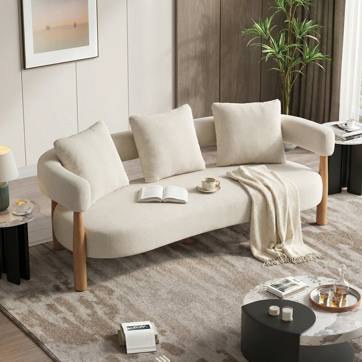 Luxe 76.5 in. Curved 3 Seater Modern Upholstered Chenille Sofa,Beige