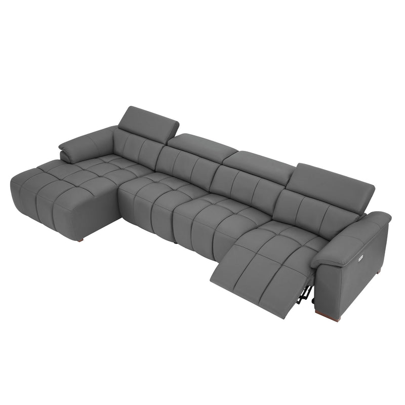 4 Seats Wall-Hugger Reclining Sofa Modern Electric Control Genuine Leather L Shaped Couch,Lounge Seat Theater Seating Furniture with USB Port, Sofa with Headrest & Footrest for Living Room,Apartment
