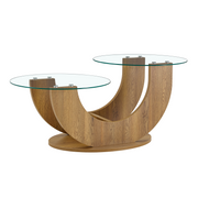 Creative U-Shaped Double-Tier Glass Coffee Table with Wood-Grain MDF Base: A Modern, Minimalist Living Room Side Table with Adjustable Height.