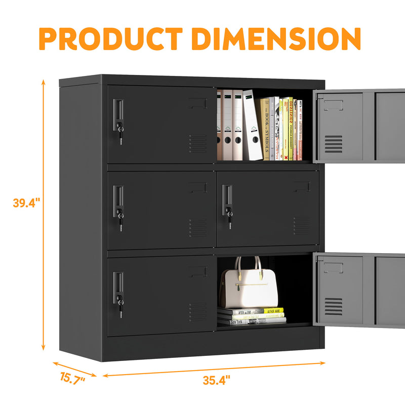 6 Door Employee Storage Locker, Lockers For Office, Gym, School, And Home With Card Slot - Black