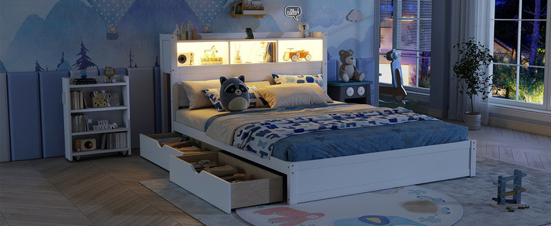 Queen Size Bed with Drawers, Wood Queen Bed with Storage Headboard and Pull Out Storage Cabinet, Wood Bed with Light and Socket, White(Expect Arrival Date 2026/7/30)