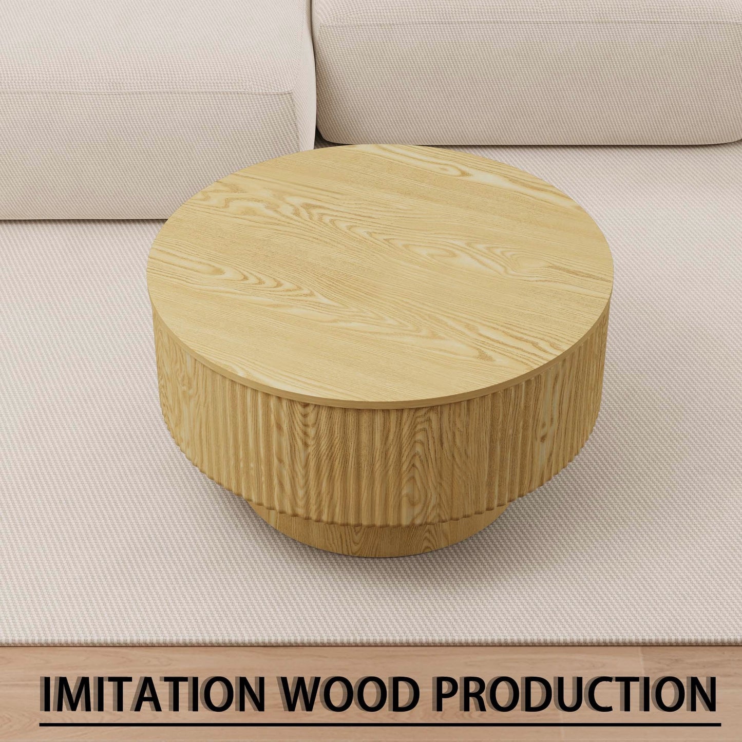 Round Coffee Table With 2 Dining Chairs Set, Ring Striped Design - Beige / Wood