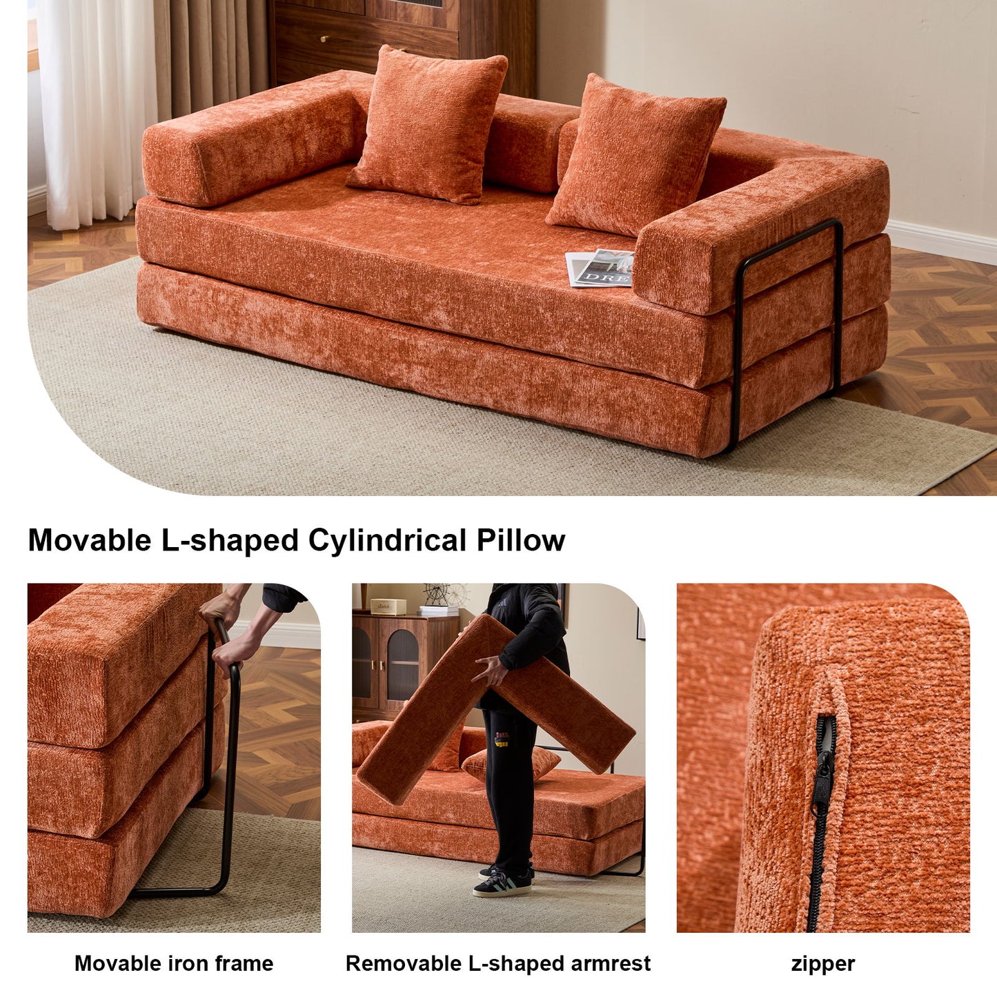 Convertible Floor Sofa Bed With Pillow Back Support Armrest