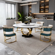 Round Dining Set with 360° Rotating Lazy Susan, Scratch & Heat‑Resistant Sintered Stone Tabletop, 4 Gold‑Plated Iron Thick Cushion Chairs for Dining Room, Kitchen, Compact Space