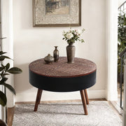 31.5-inch round coffee table with storage function, featuring an engraved tabletop, is an ideal beverage table for small spaces, serving as a modern-style accent side table suitable for living rooms,