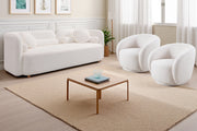 Modern Japandi White Boucle Sofa Set, 5-Piece Upholstered Cloud Couch Bundle, 3-Seater Sofa + 4 Pack 360° Swivel Barrel Accent Chairs for Living Room, Apartment, Home Office