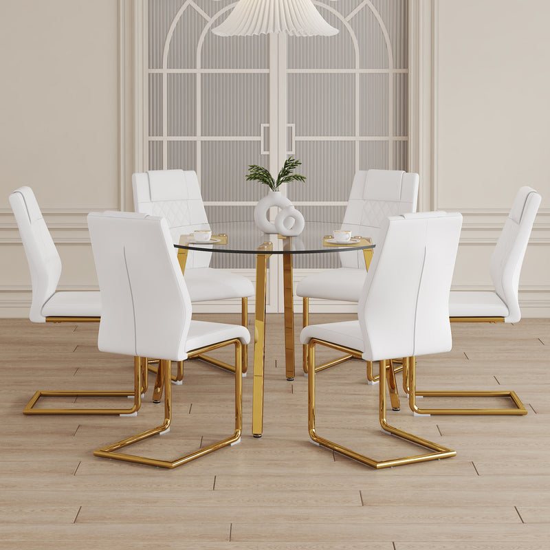 Table and chair set.A Modern Minimalist Style Round Clear Tempered Glass Table with Metal Legs.Paried with white chairs with Modern PU Leather High Back Upholstered and C-Tube Golden Legs.