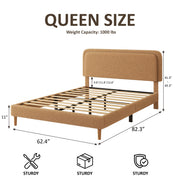 Queen Bed frame, Plush Upholstered Platform Bed with Height-Adjustable Headboard, Sturdy Frame and Alats, Quiet Design, No-Spring Mattress Compatible, Easy to Assemble, Brown