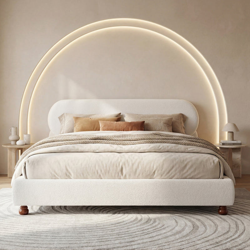 Cream-colored Boucle Upholstered Bed with Rubber Wood Foot ,Queen
