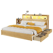 Queen Size Bed with Drawers, Wood Queen Bed with Storage Headboard and Pull Out Storage Cabinet, Wood Bed with Light and Socket,Natural(Expect Arrival Date 2626/7/30)