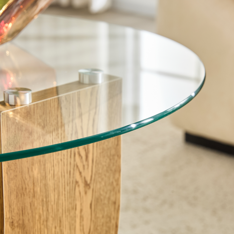 Creative U-Shaped Double-Tier Glass Coffee Table with Wood-Grain MDF Base: A Modern, Minimalist Living Room Side Table with Adjustable Height.