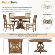 TREXM 5-Piece Retro Functional Dining Set, 1 Extendable Table with a 16-inch Leaf and 4 Upholstered Chairs for Dining Room and Kitchen (Walnut)