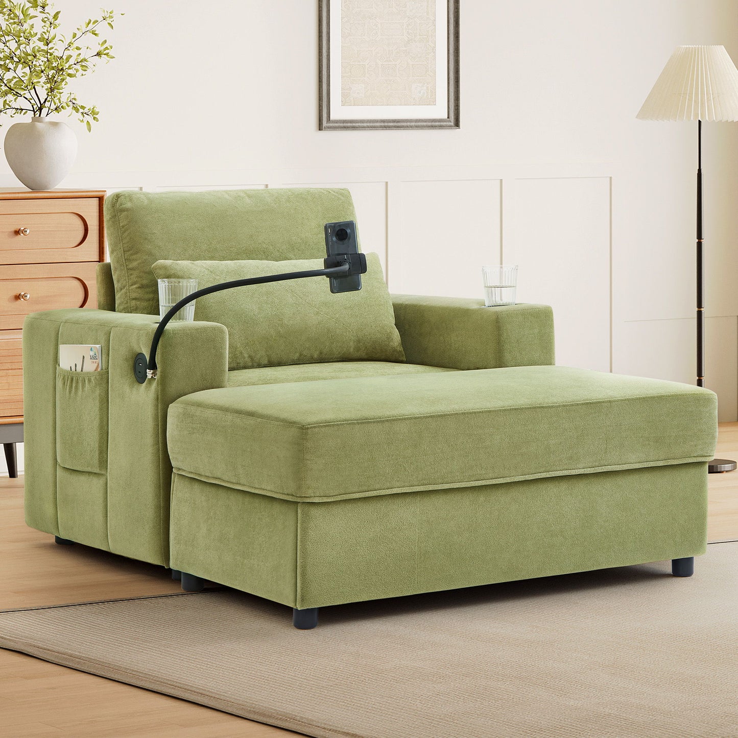 Modern Style Armchair Chaise Lounge Sofa Couch With Movable Storage Ottoman, USB Ports, Cup Holders, Phone Holder, Side Pockets