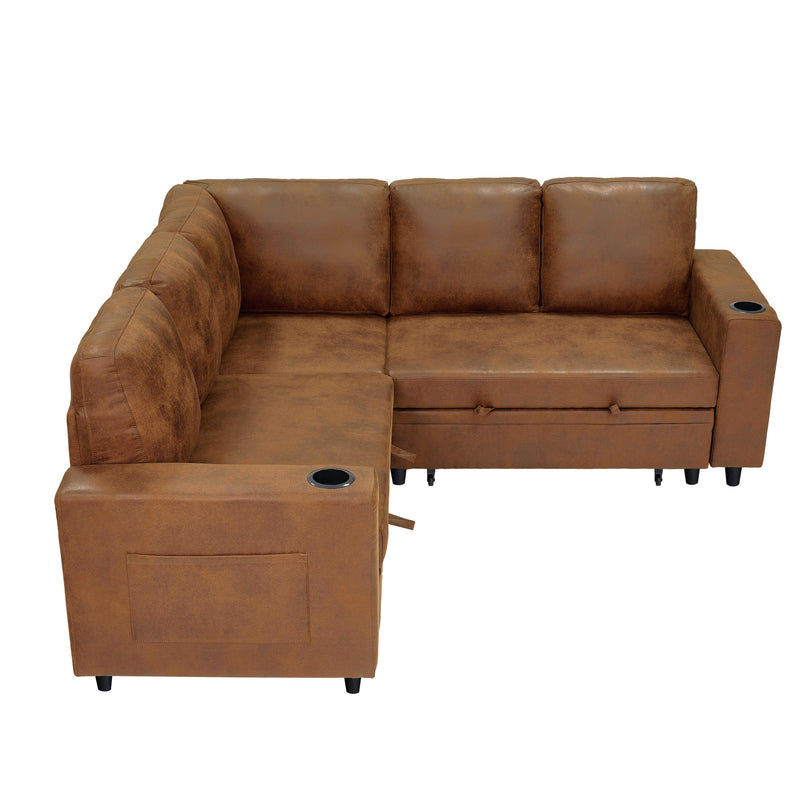 Foil Fabric upholstered L-Shape Sectional Sofa Bed with Pull Out Sleeper and Storage, Convertible Corner Couch with Cup Holders & Side Pockets for Living Room