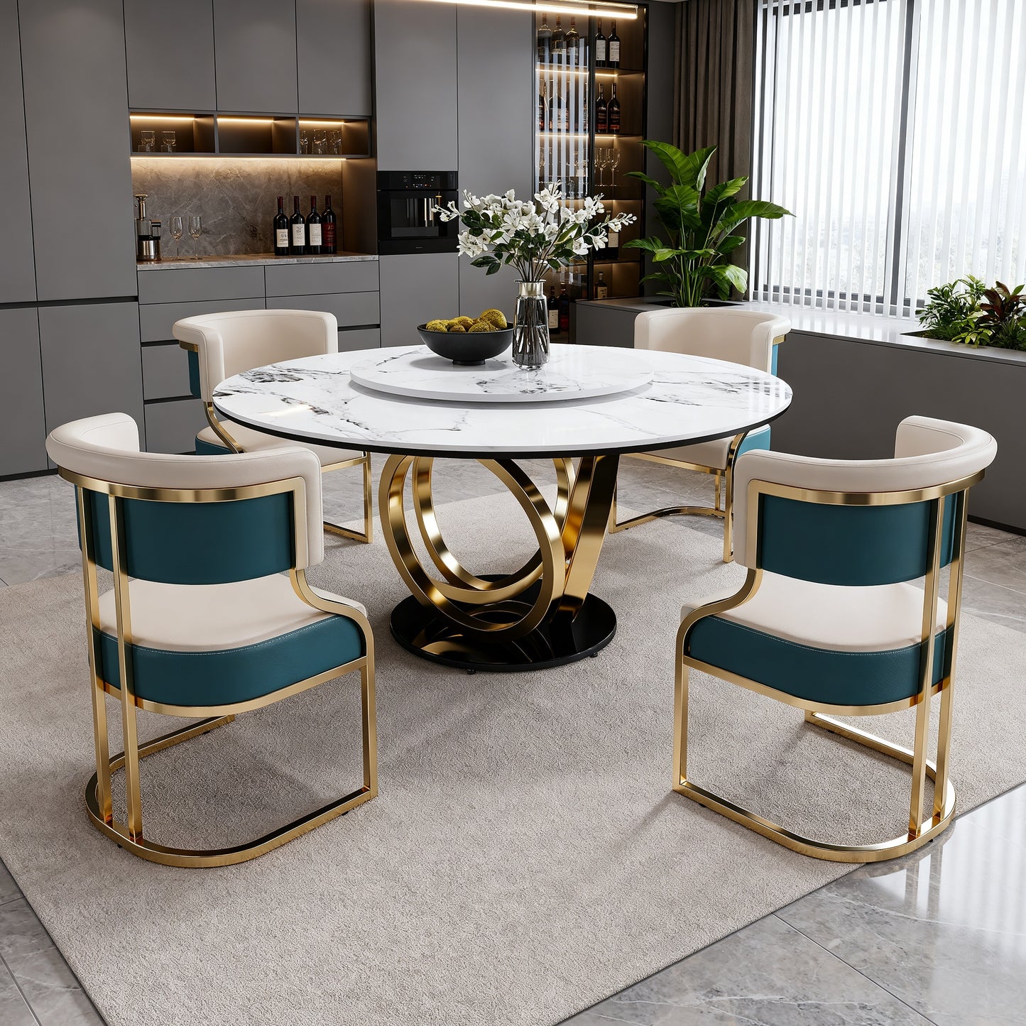Round Dining Set with 360° Rotating Lazy Susan, Scratch & Heat‑Resistant Sintered Stone Tabletop, 4 Gold‑Plated Iron Thick Cushion Chairs for Dining Room, Kitchen, Compact Space