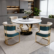 Round Dining Set with 360° Rotating Lazy Susan, Scratch & Heat‑Resistant Sintered Stone Tabletop, 4 Gold‑Plated Iron Thick Cushion Chairs for Dining Room, Kitchen, Compact Space