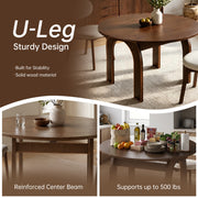 51.2' Solid Wood Extendable Dining Table Set with 6 Upholstered Chairs, 7 Piece Farmhouse Dinner Set with Walnut Finish & Arch Legs, Drop Leaf Converts Oval to Round for Small Spaces, Easy Assembly