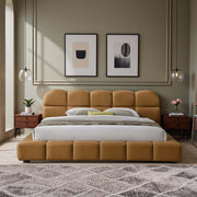 Roswell Luxurious King Size Platform Bed with Biscuit-Tufted Vegan Leather Headboard in Tan, Durable Material, 95.1 x 95.5 x 39.2 Inches